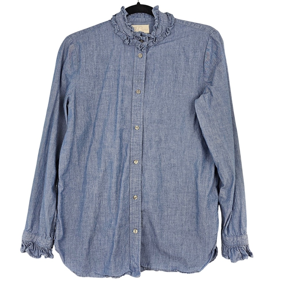 J.Crew Classic Blue Chambray Ruffle Collar Button Up Shirt Women's Long Sleeve